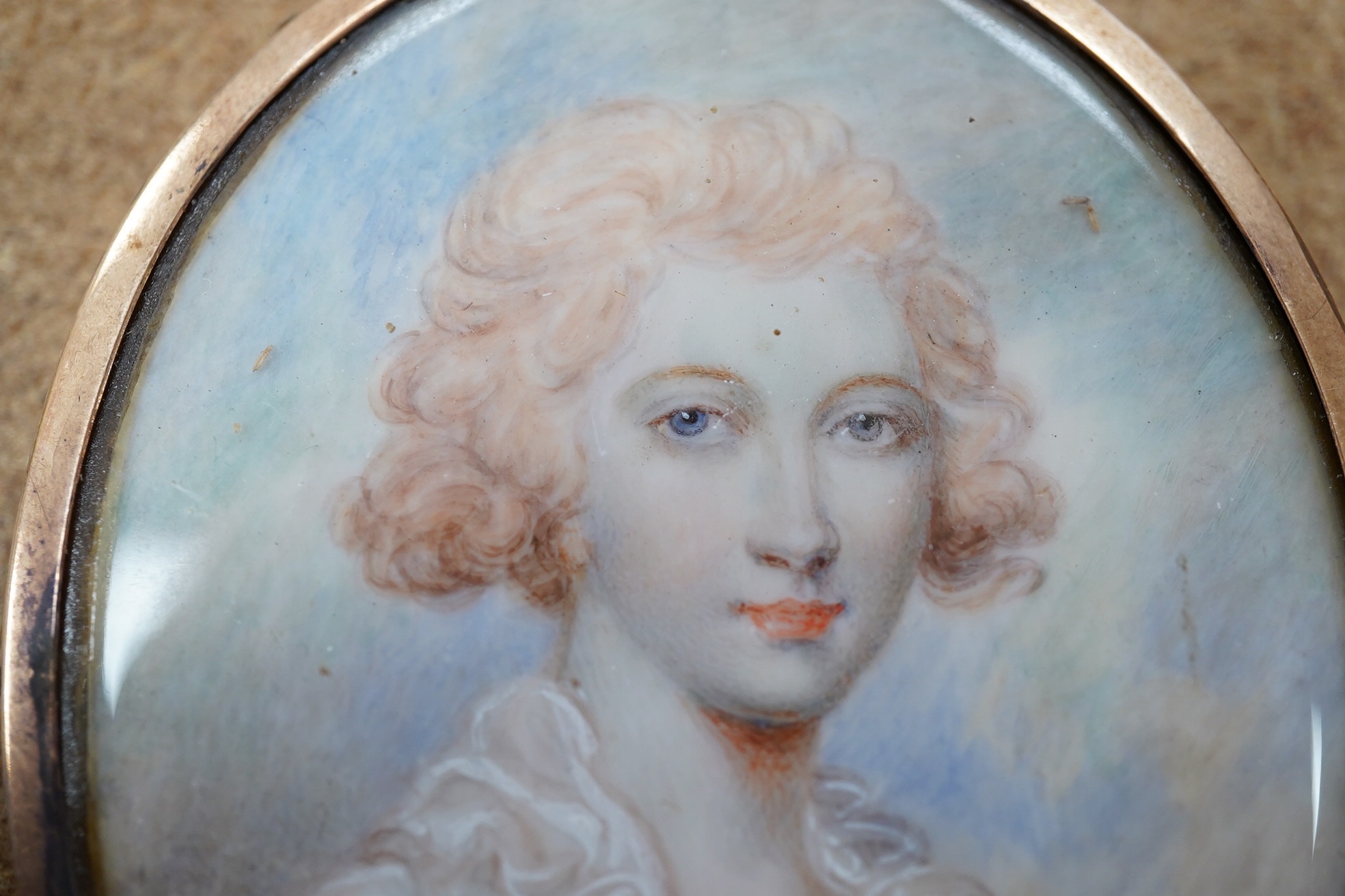 Attributed to Maria Cosway, (1759-1838), watercolour on ivory, Self portrait, Ernest Salaman inscribed label verso, 6.5 x 5.5cm. Condition - fair, brooch pin detached. CITES Submission reference FX675G3N.